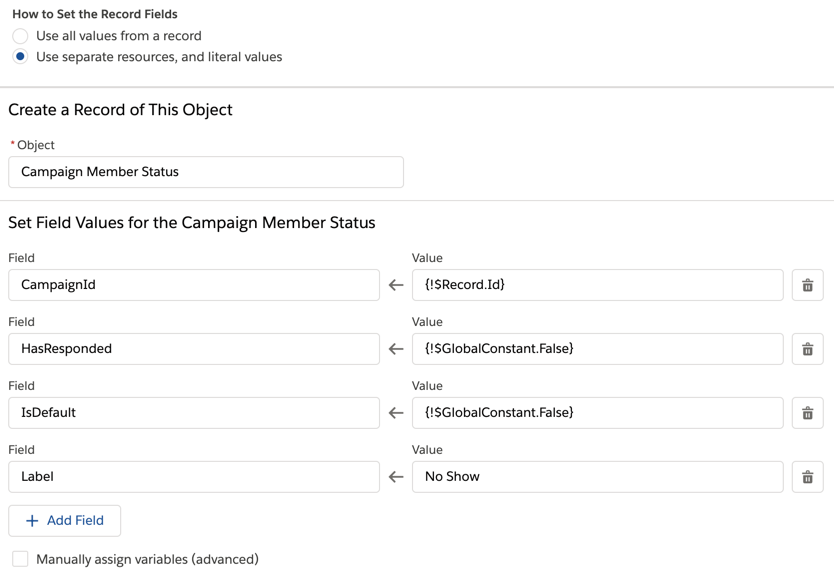 Example: Create a campaign member status for no show