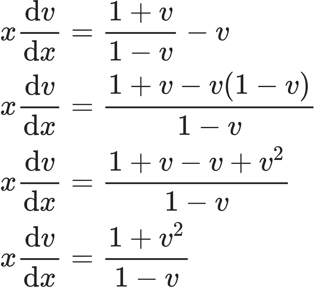 {"code":"\\begin{align*}\n{x\\diff{v}{x}}&={\\frac{1+v}{1-v}-v}\\\\\n{x\\diff{v}{x}}&={\\frac{1+v-v\\left(1-v\\right)}{1-v}}\\\\\n{x\\diff{v}{x}}&={\\frac{1+v-v+v^{2}}{1-v}}\\\\\n{x\\diff{v}{x}}&={\\frac{1+v^{2}}{1-v}}\t\n\\end{align*}","id":"12-0-1-0","type":"align*","font":{"color":"#222222","size":10,"family":"Arial"},"ts":1603969787852,"cs":"vkMM2r4kVFH7RjPe68Soag==","size":{"width":170,"height":156}}