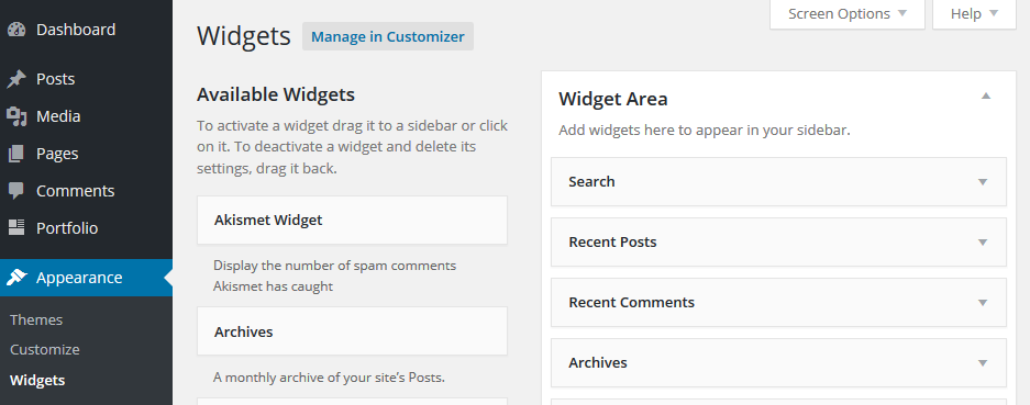 Adicionar widgets do WordPress