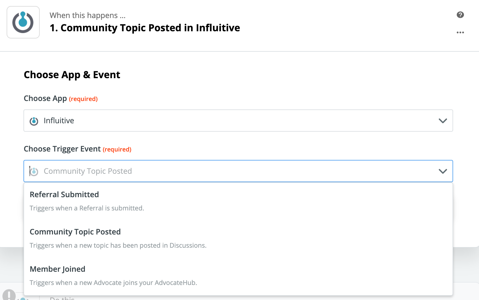 Example of a an event you can choose for the Influitive app in Zapier