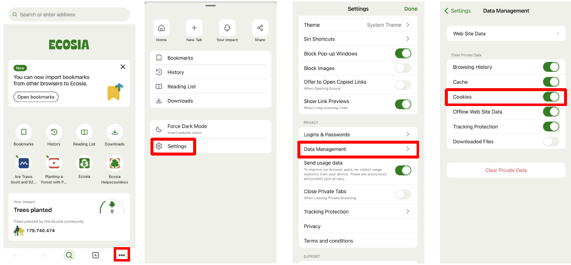 Image showing how to delete cookies in the Ecosia iOS app