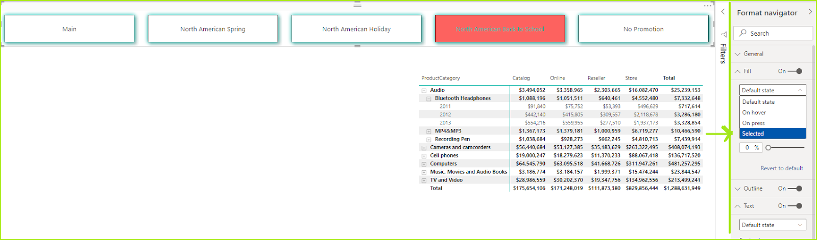 P3 Adaptive image showing Power BI Bookmark editor selected state formatting option.