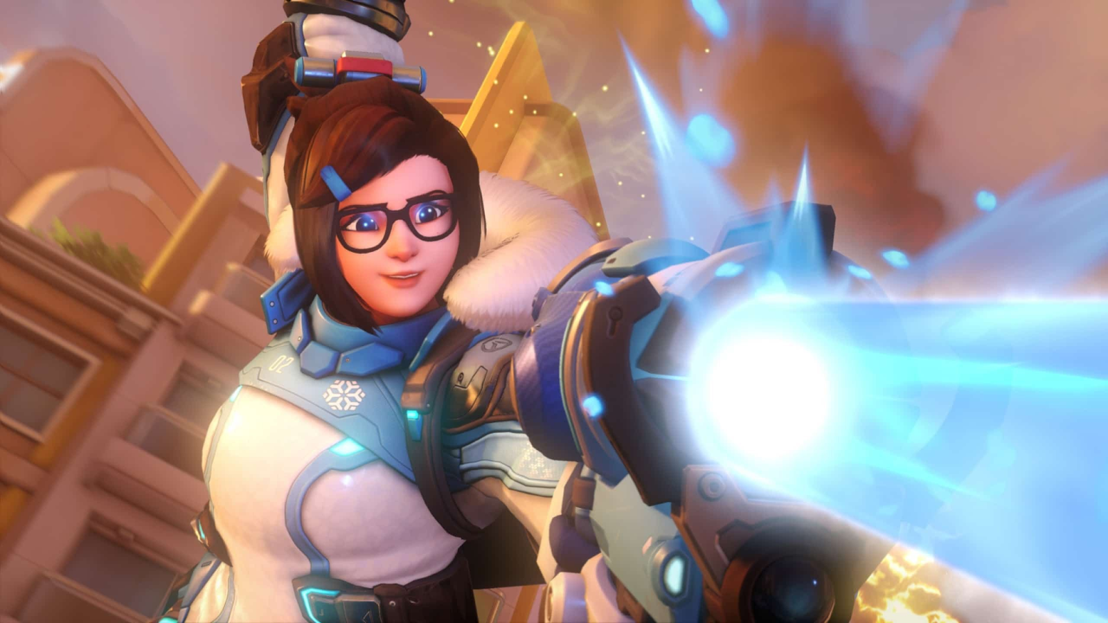 Overwatch 2 damage hero Mei uses her Endothermic Blaster to create an icy blast. 