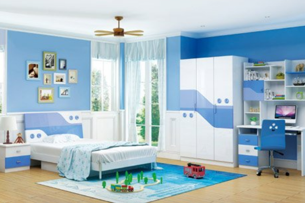 Thiết kế phòng ngủ cho bé trai với sắc xanh chủ đạo.