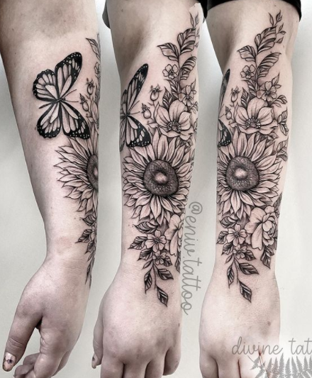Line-Work Sunflower Tattoo