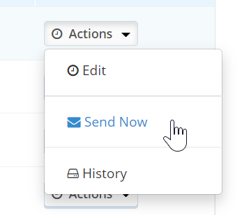 screenshot of the scheduled message's actions menu with the mouse highlighting the send now option
