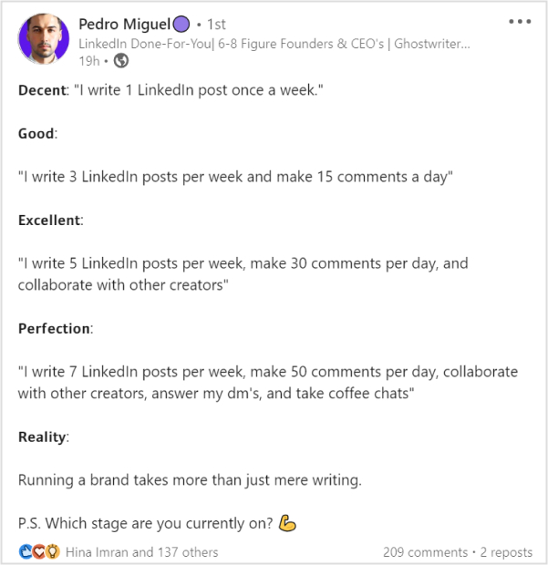 Pedro Miguel shared tips on creating effective LinkedIn posts.