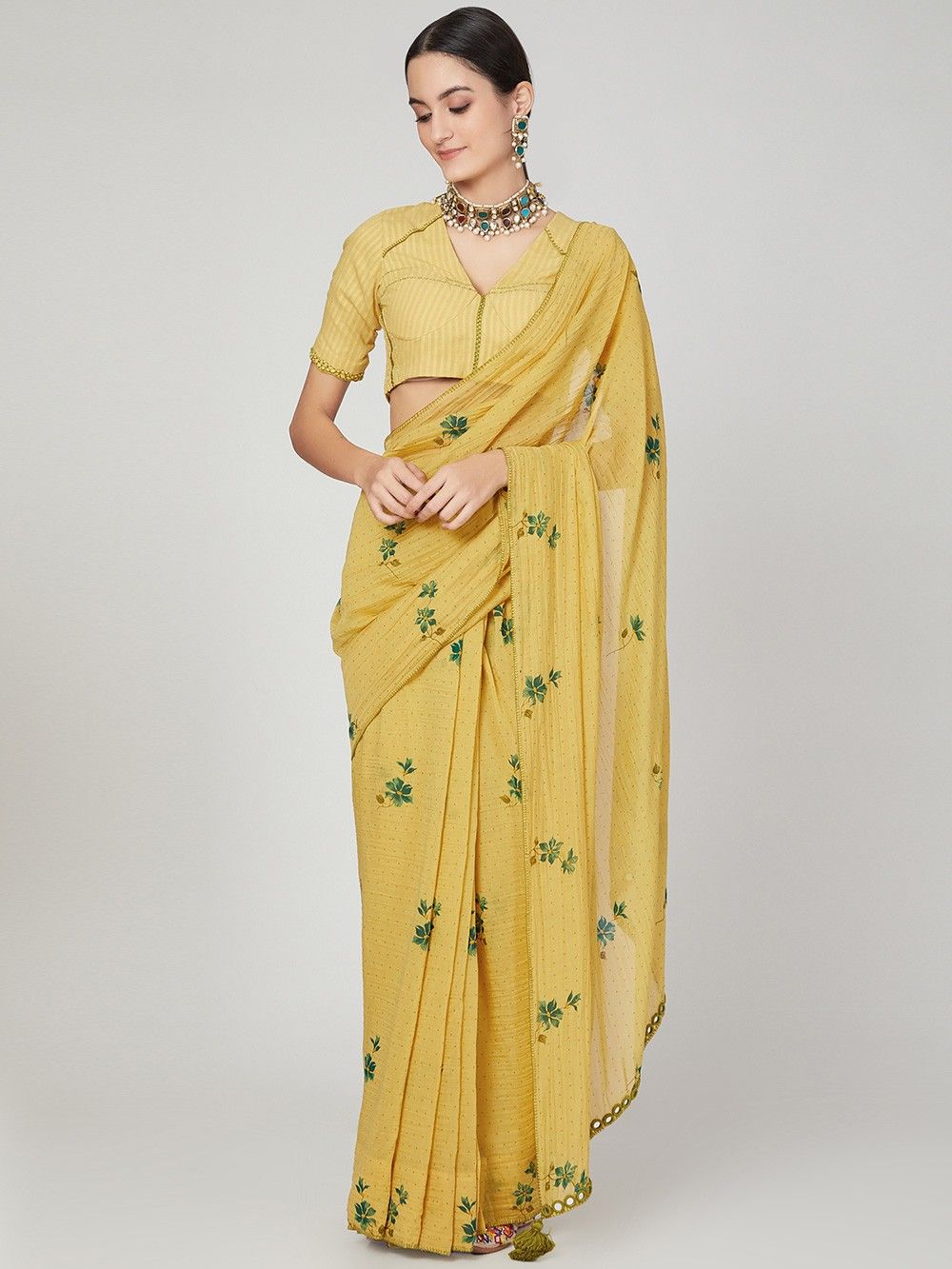 the loom - Yellow floral muslin silk saree