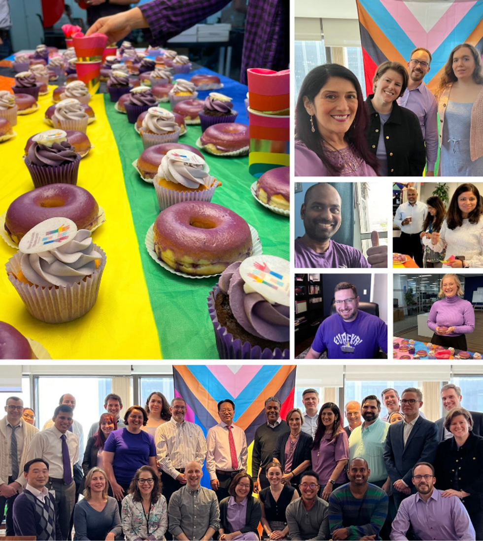 Collage of seven images: one of cupcakes, one of four people in front of a Pride flag, one of one person doing a thumbs up, one of three people at a party, one of a person wearing a purple shirt, one of a person smiling in front of donuts and cupcakes, and one photo of a group of people posing in front of a Pride flag