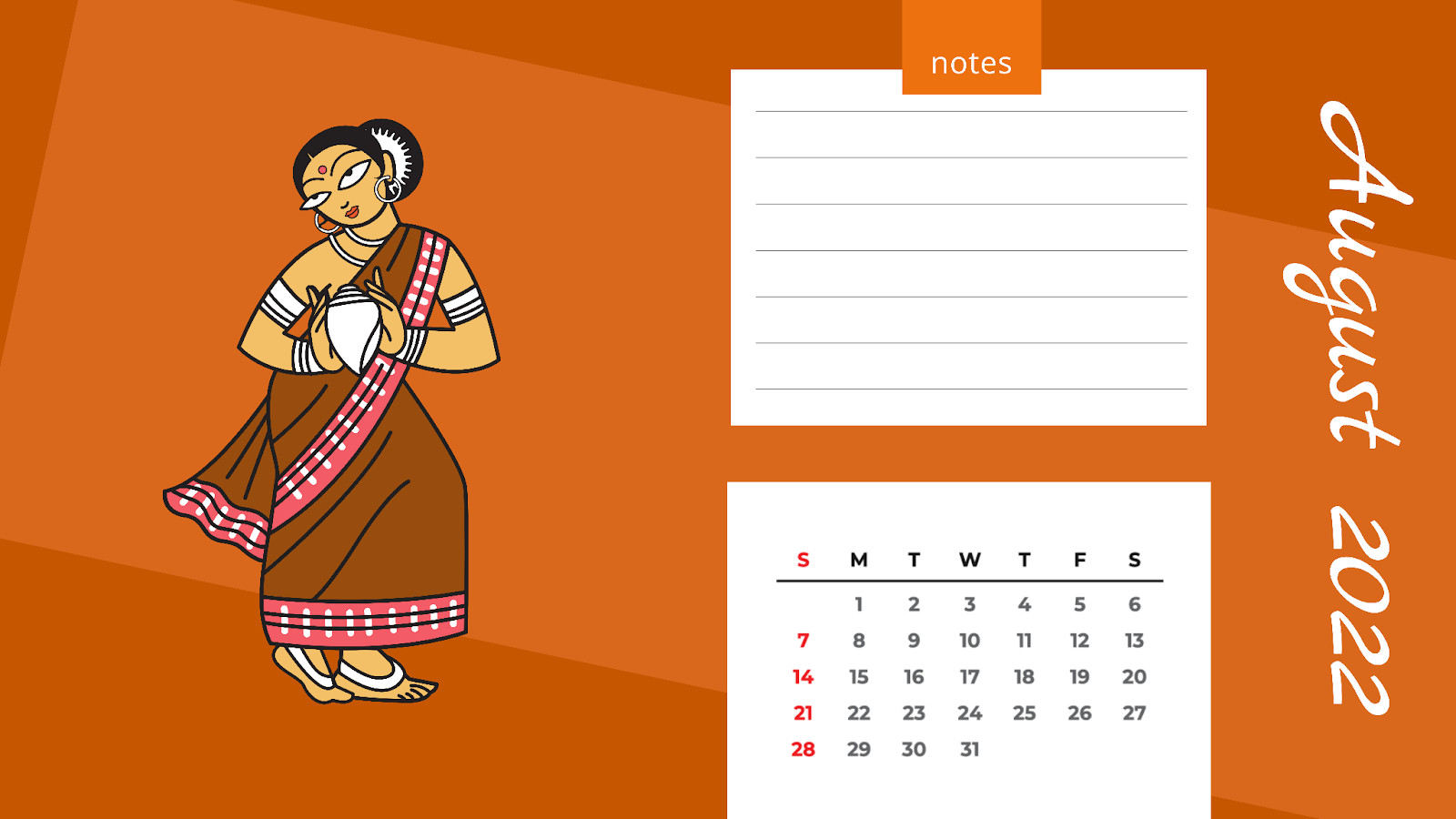 Customized Calendar August month with DrawHipo's Art of Bengal Illustrations  
