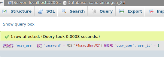 Reset Password Admin Opencart di Phpmyadmin