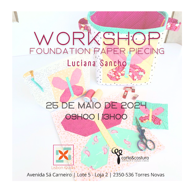 Workshop dinamizado por Luciana Sancho (Lisbon Quilts).
Requisitos: saber costurar à máquina.

* O valor do workshop inclui a participação, moldes em 5 tamanhos e kit de tecidos (algodão premium)