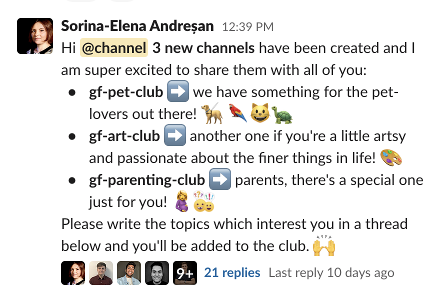 Slack channel communities for employees.