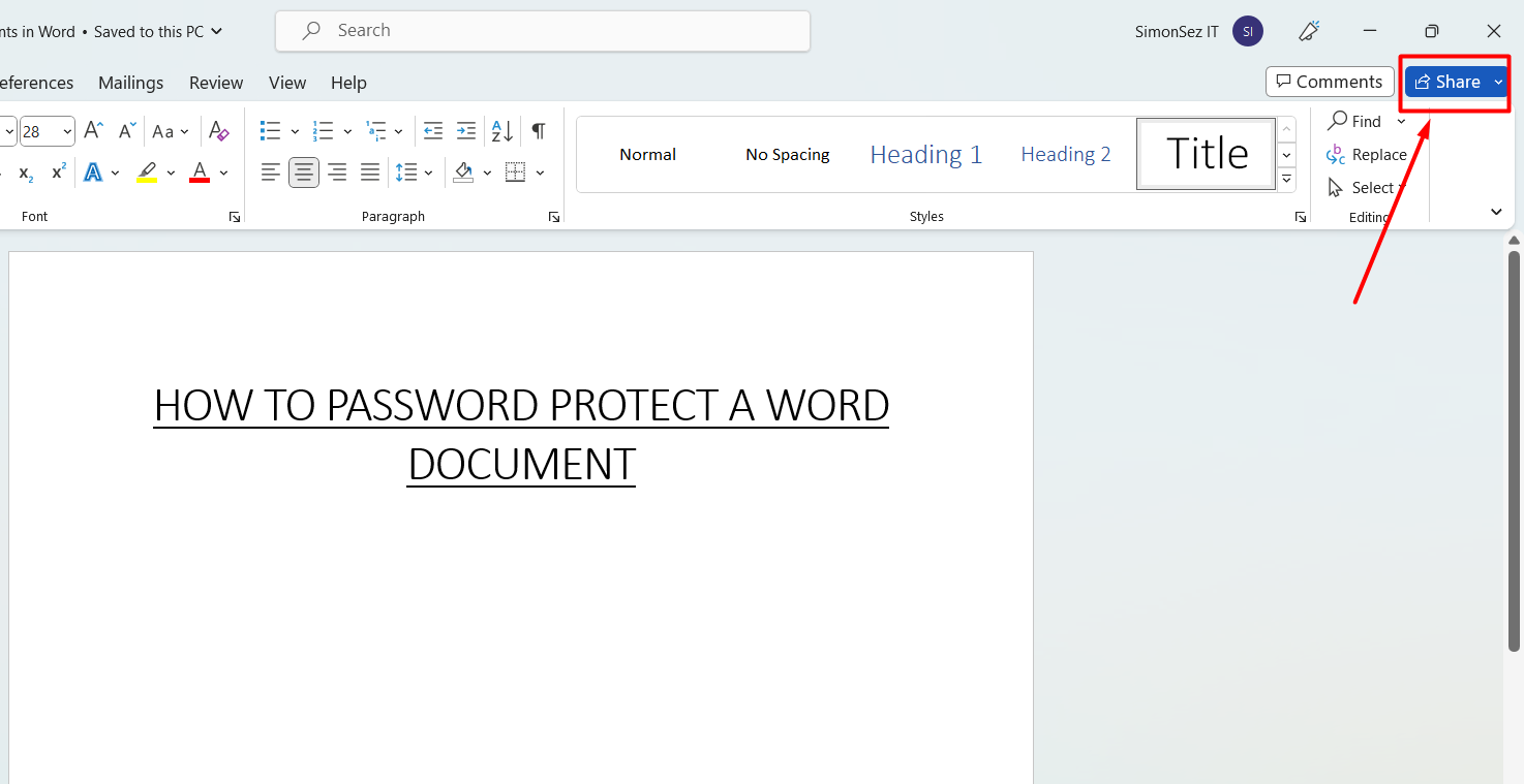 How to password protect a Word document- share icon