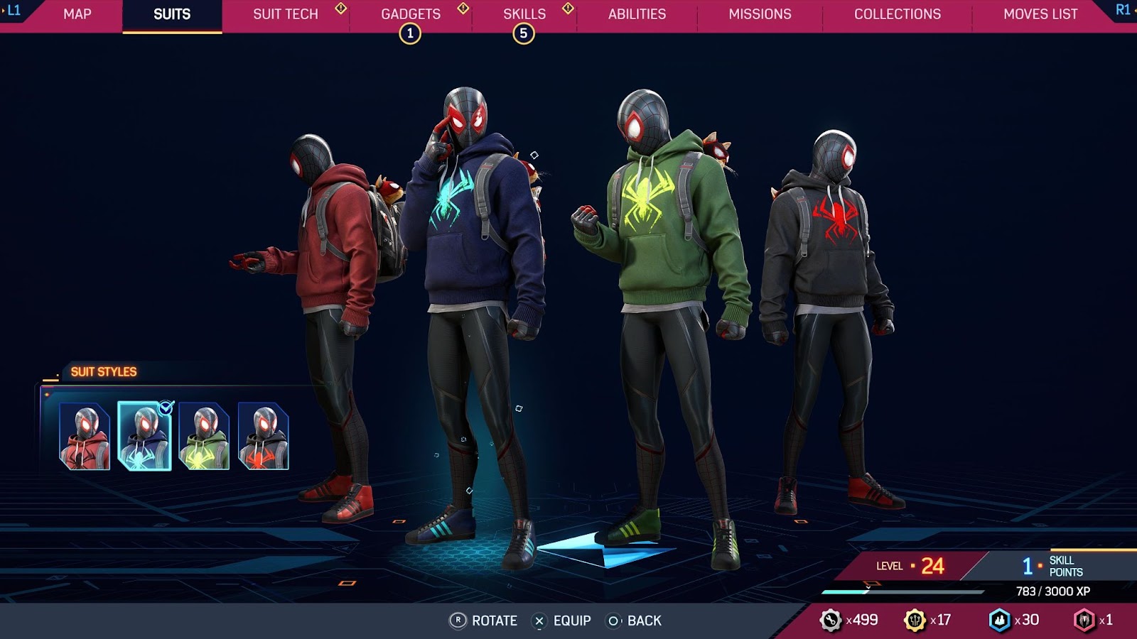 An in game screenshot of the Bodega cat suit styles from Marvel's Spider-Man 2.