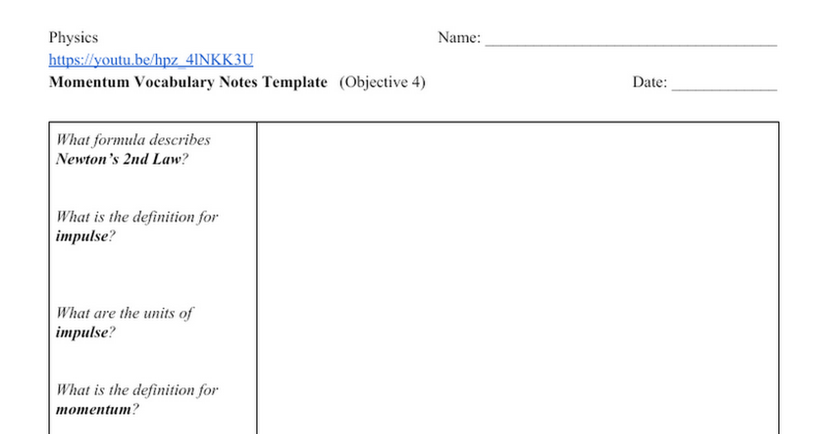 Momentum Vocabulary Notes Template