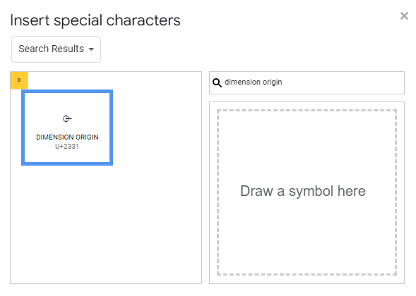 searching for dimension origin Symbol text in special characters in google docs