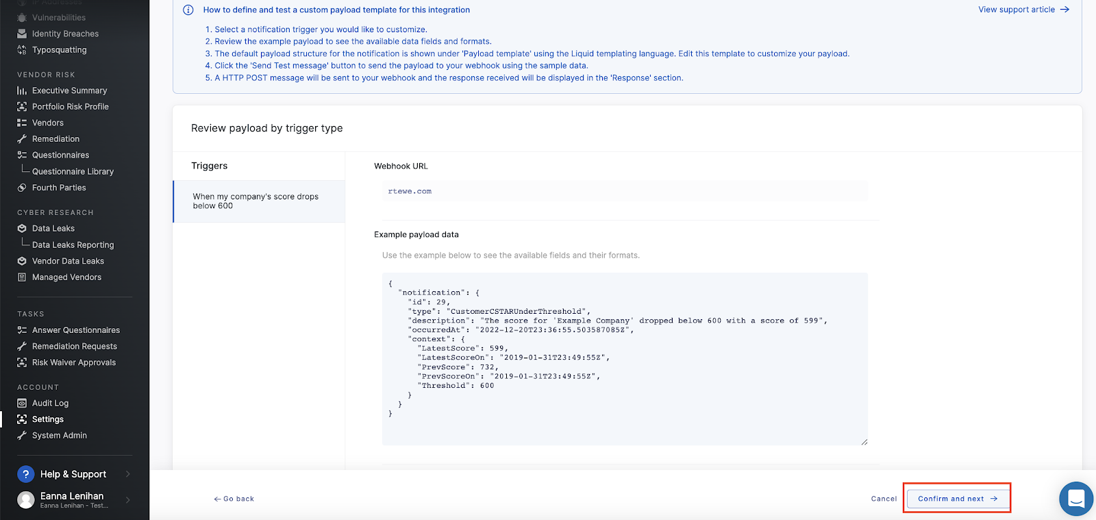 Example payload data UpGuard Coralogix