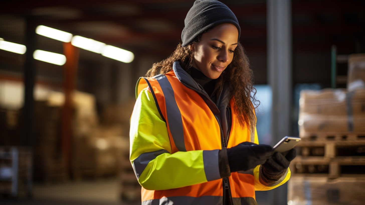 Woman on site holding a phone in high vis jacket