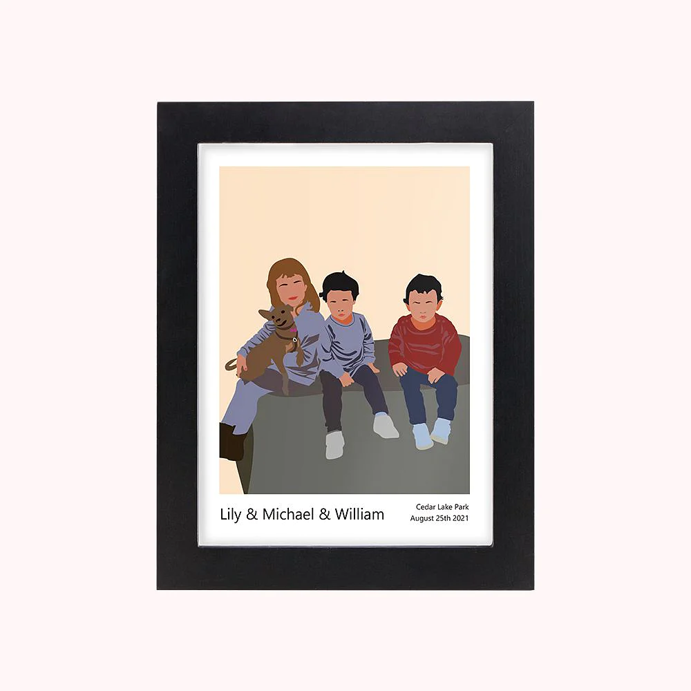 portrait dessiné de trois enfants, par rapport à une photographie