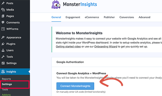 Conecte o Google Analytics usando MonsterInsights
