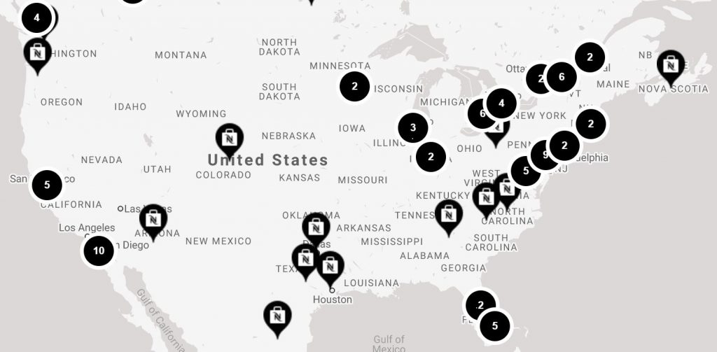 map of nespresso boutiques in the united states of america