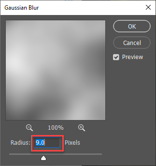 Radius is set to 9 in the Gaussian Blur dialog