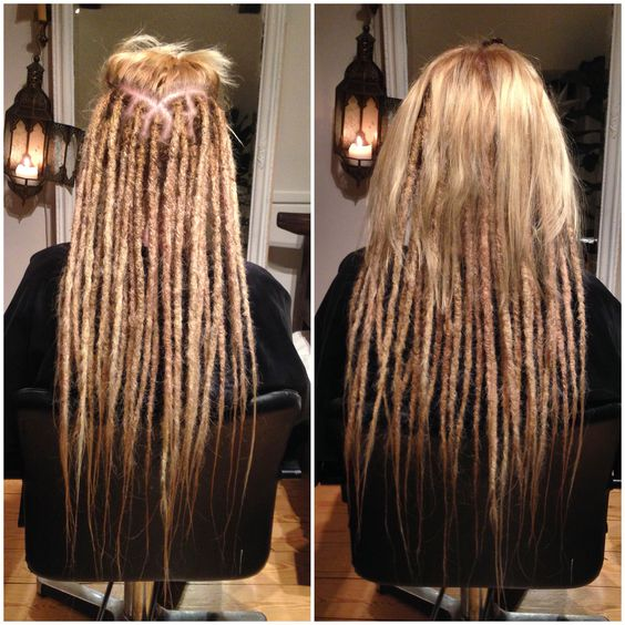 a picture showing dreadlocks extensions on unfinished blonde hair