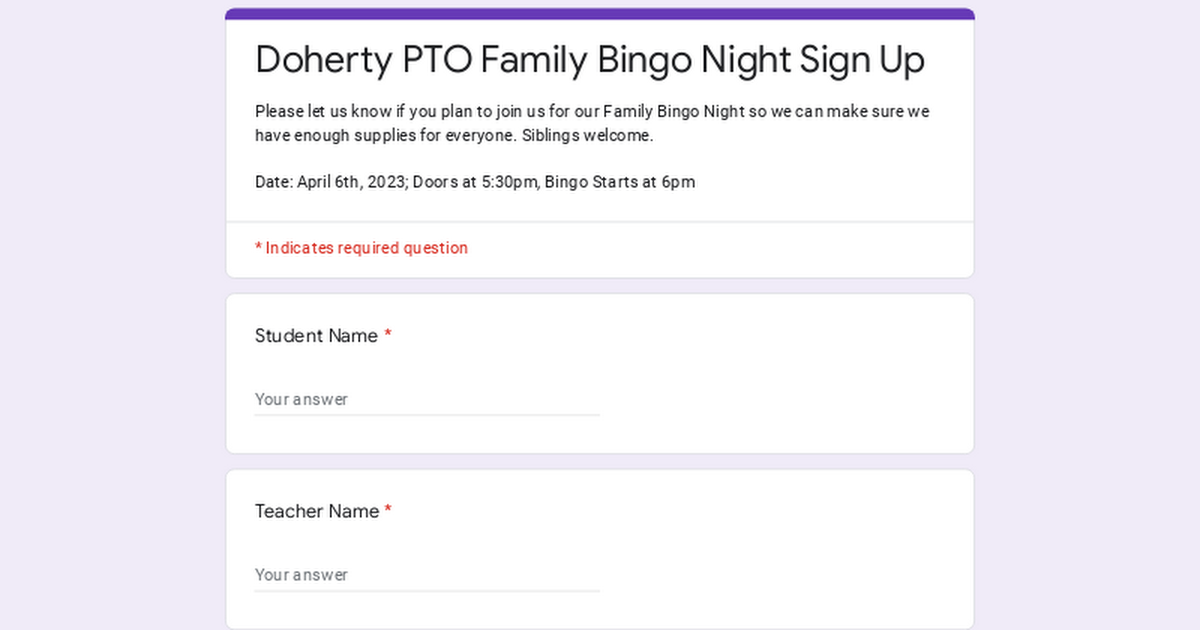 Doherty PTO Family Bingo Night Sign Up