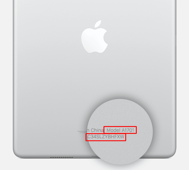 The back of a silver iPad where we've highlighted the model number and serial number