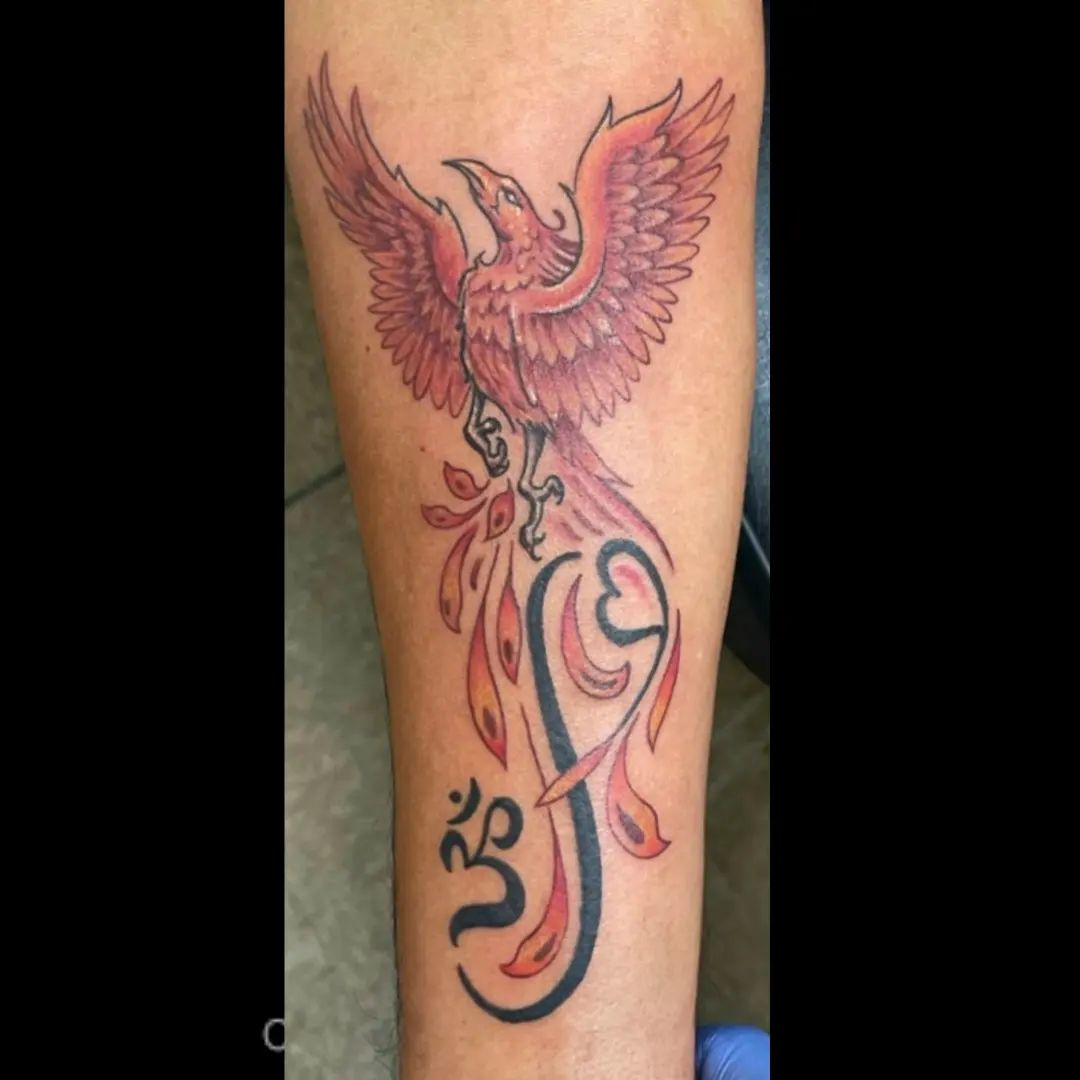 Phoenix With Om And Heart Tattoo