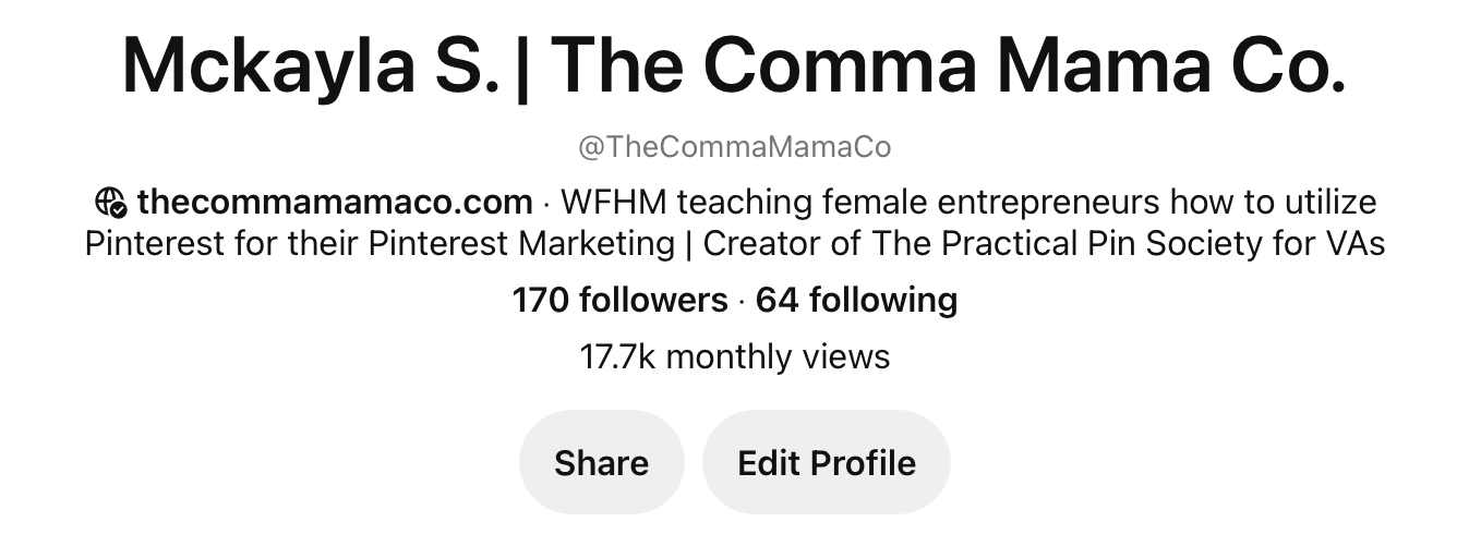 Screenshot of Pinterest monthly viewers of The Comma Mama Co.