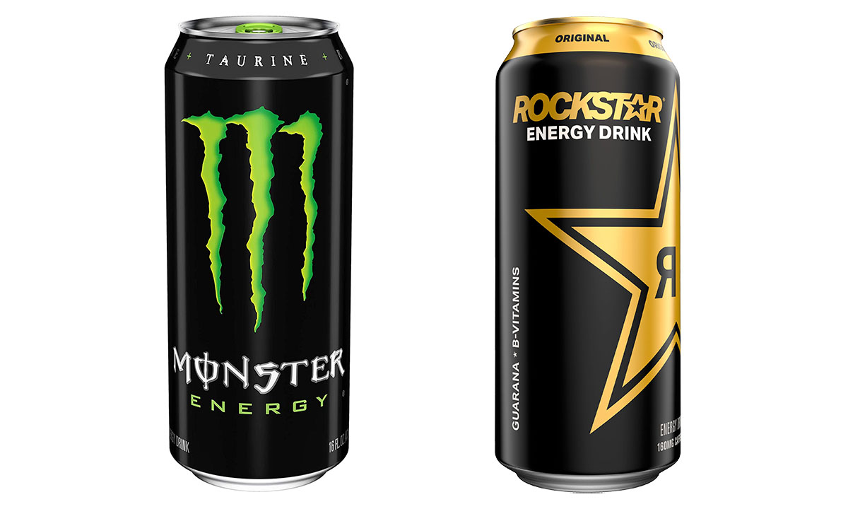 Cans of Monster Energy Drink and Rockstar Energy Drink in white background.