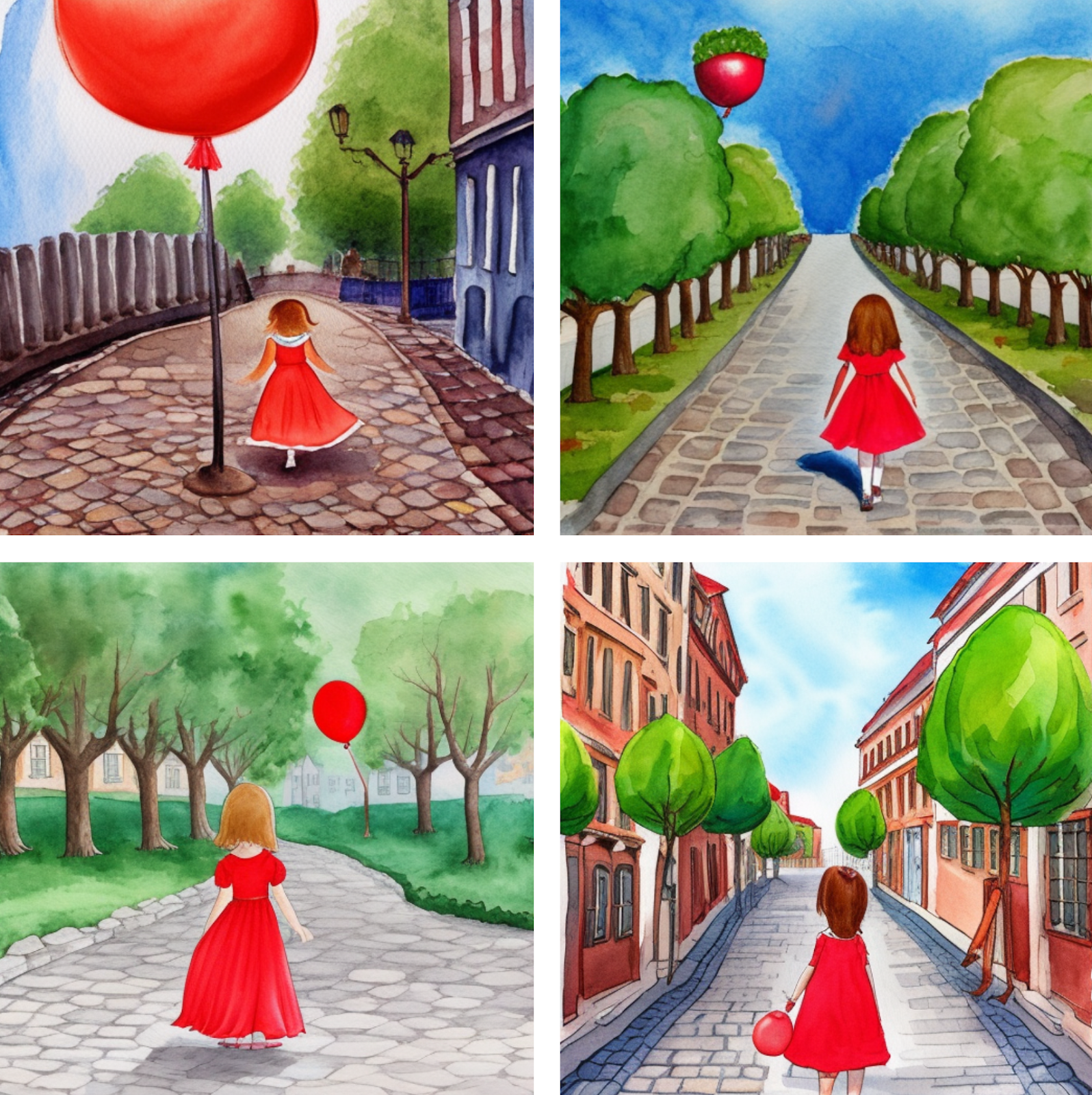 Four illustrations of a girl holding a red balloon walking down a cobblestone road using Jasper Art.