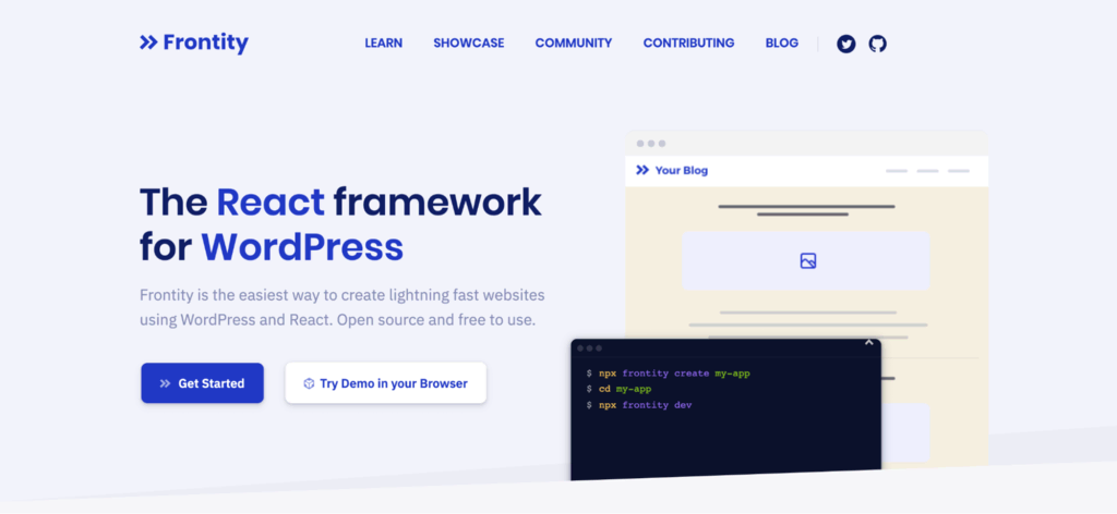 Page d'accueil de Frontity - Le framework React pour WordPress