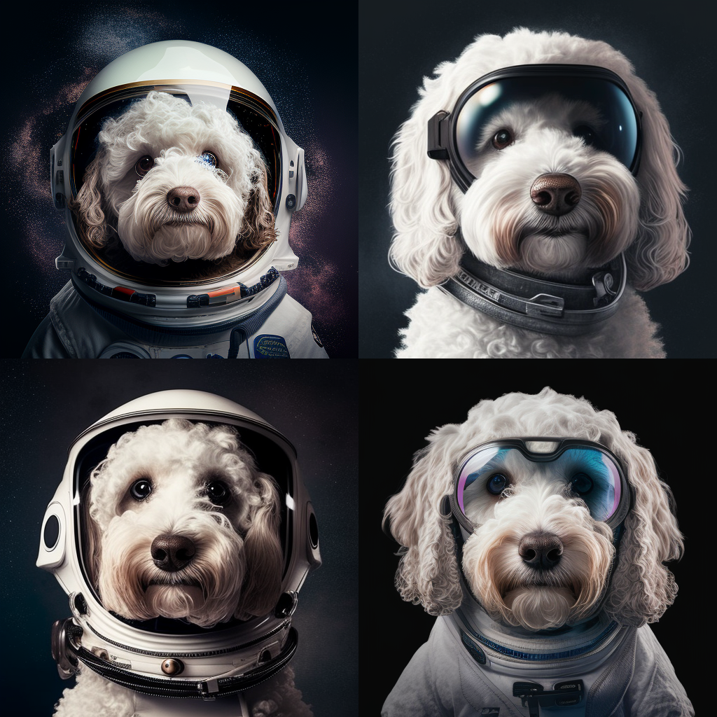 An AI-generated image of a white poodle mix dog depicted as an astronaut, with 4 different variations.
