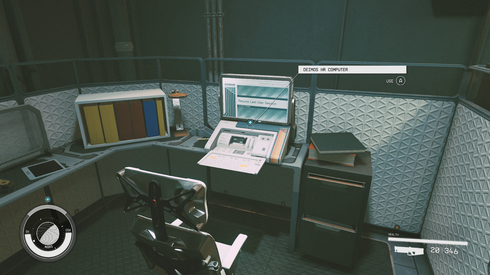 An in game screenshot of the Deimos HR computer from the game Starfield. 