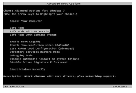Advanced boot options safe mode with networking