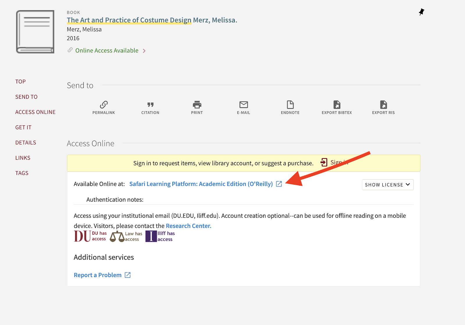 Compass record for a book with the Safari O'Reilly database link highlighted.