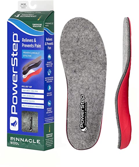 Powerstep Pinnacle Wool Insoles, Neutral Arch Support, Max Cushioning Plantar Fasciitis Relief Temperature Regulating Inserts