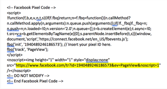 Screenshot of Facebook Ad Pixel base code