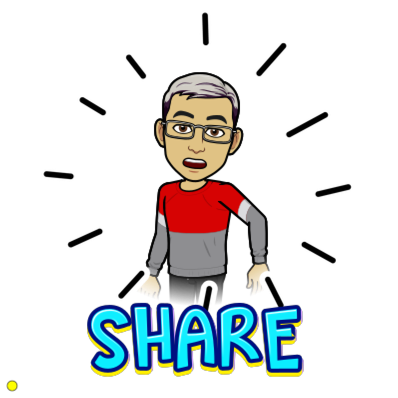 Dr. CG bitmoji with label "SHARE" in blue text under his bitmoji. Dr. CG is wearing glasses and a gray and red long-sleeve shirt. Black lines are radiating from the cartoon.