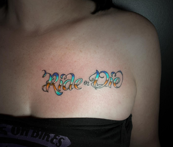 Colorful 3d Words Chest Tattoo For Women
