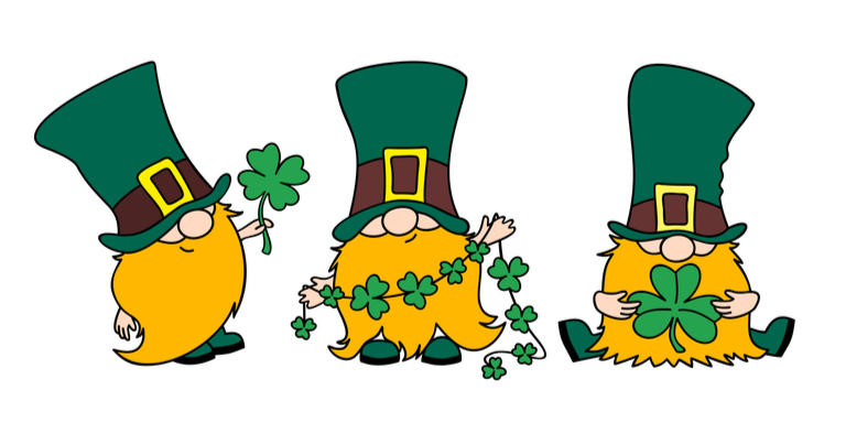 Dibujo de tres Leprechauns jugando con tréboles de la suerte.