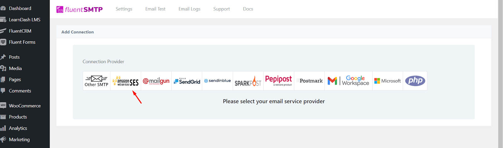 Choosing the email service provider on Fluent SMTP 