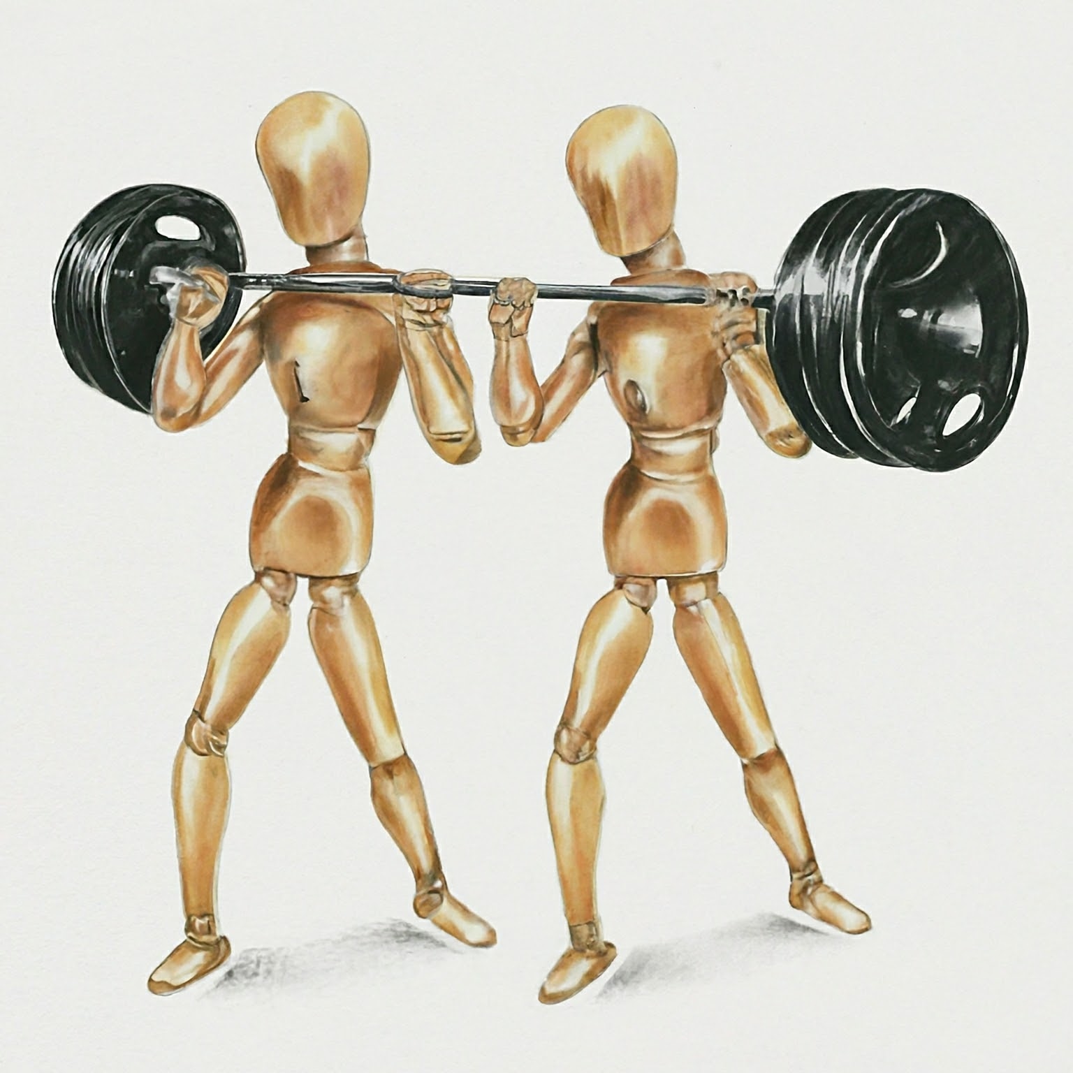 2 dummies lifting a barbell loaded with weight plates