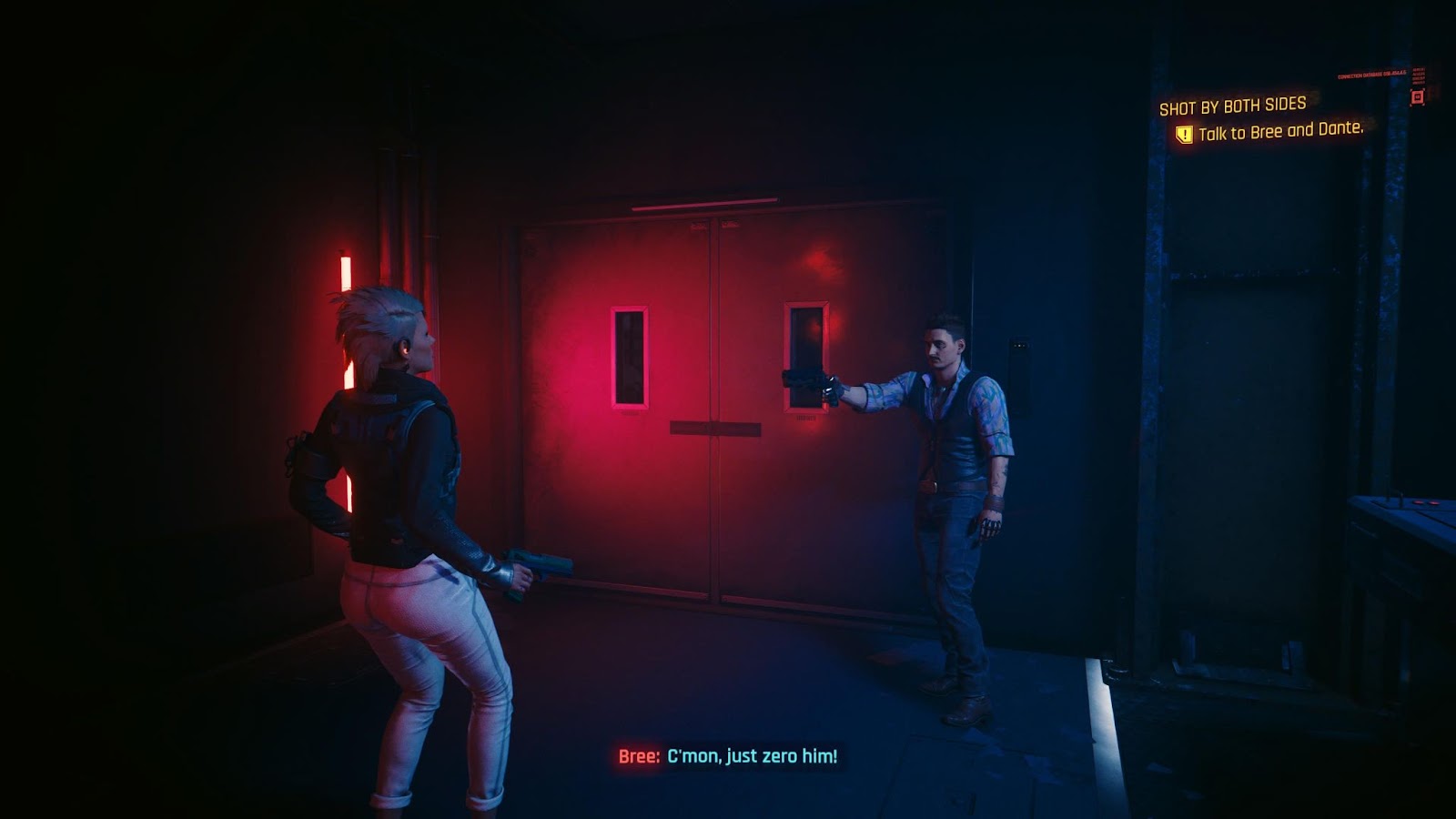 An in game screenshot of the characters Bree and Dante from the game Cyberpunk 2077. 