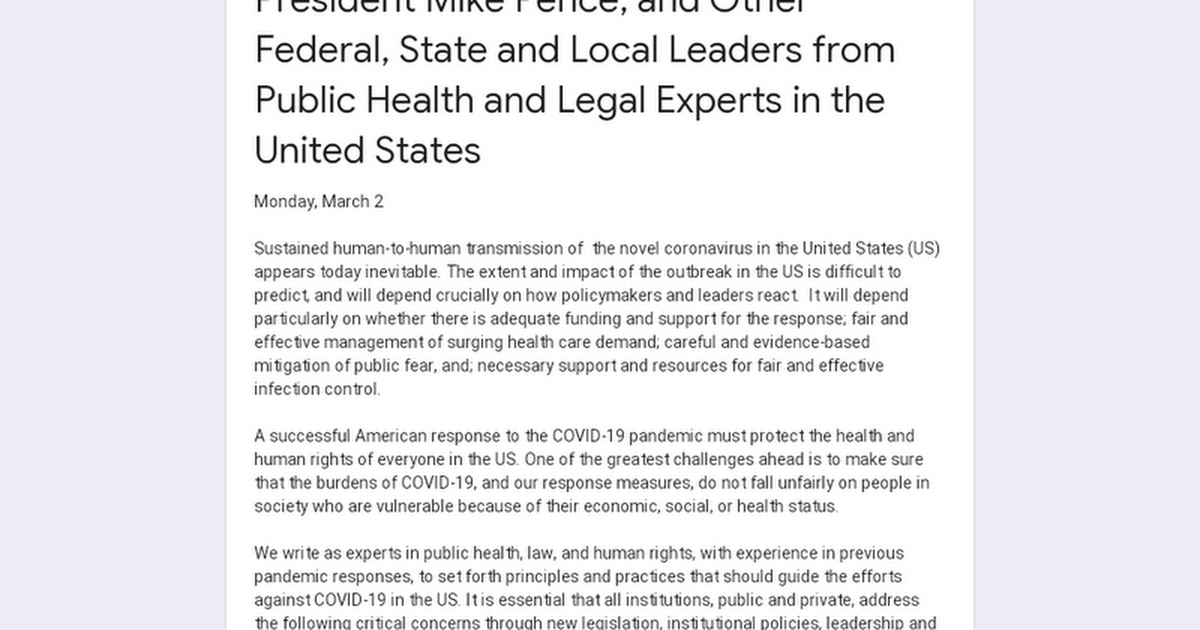 Achieving A Fair and Effective COVID-19 Response: An Open Letter to Vice-President Mike Pence, and Other Federal, State and Local Leaders from Public Health and Legal Experts in the United States