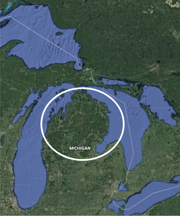 A physical map of Michigan and surrounding regions has the northern part of the lower peninsula of Michigan circled.