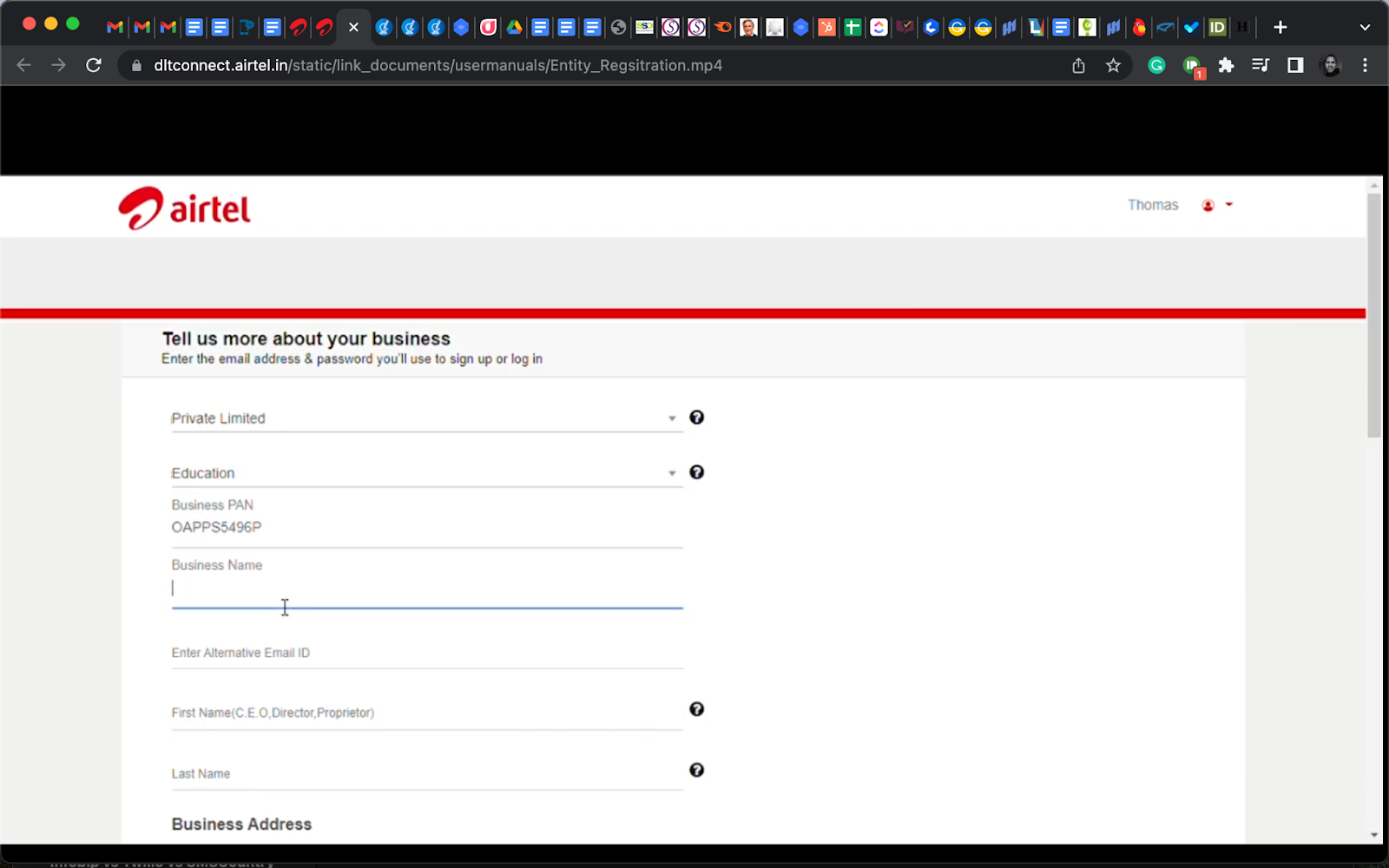 Business registration details on a telecommunication DLT portal | SMScountry